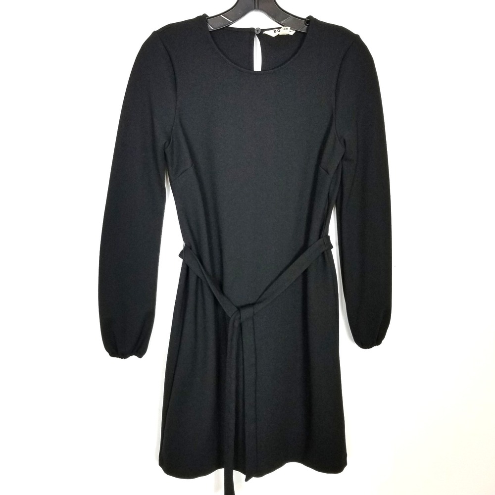 Boden Women Belted Long Sleeve Shift Dress Sz 4R Black‎ Preppy Office